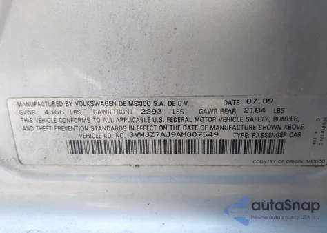 2010 Volkswagen Jetta S из США, поврежденный, VIN 3VWJZ7AJ9AM007549